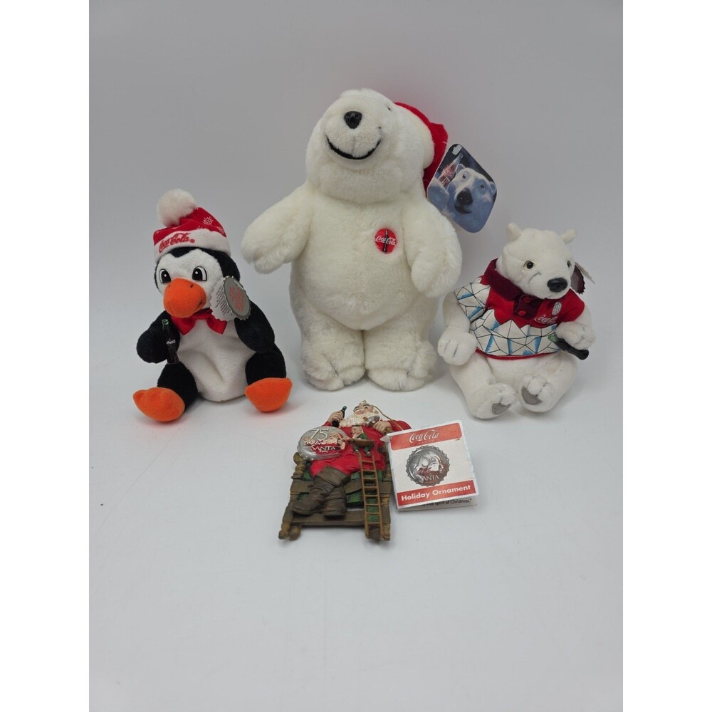 Vintage Lot Of Coca Cola Coke Polar Bear Penguin Plush 75th Anniversary Ornament